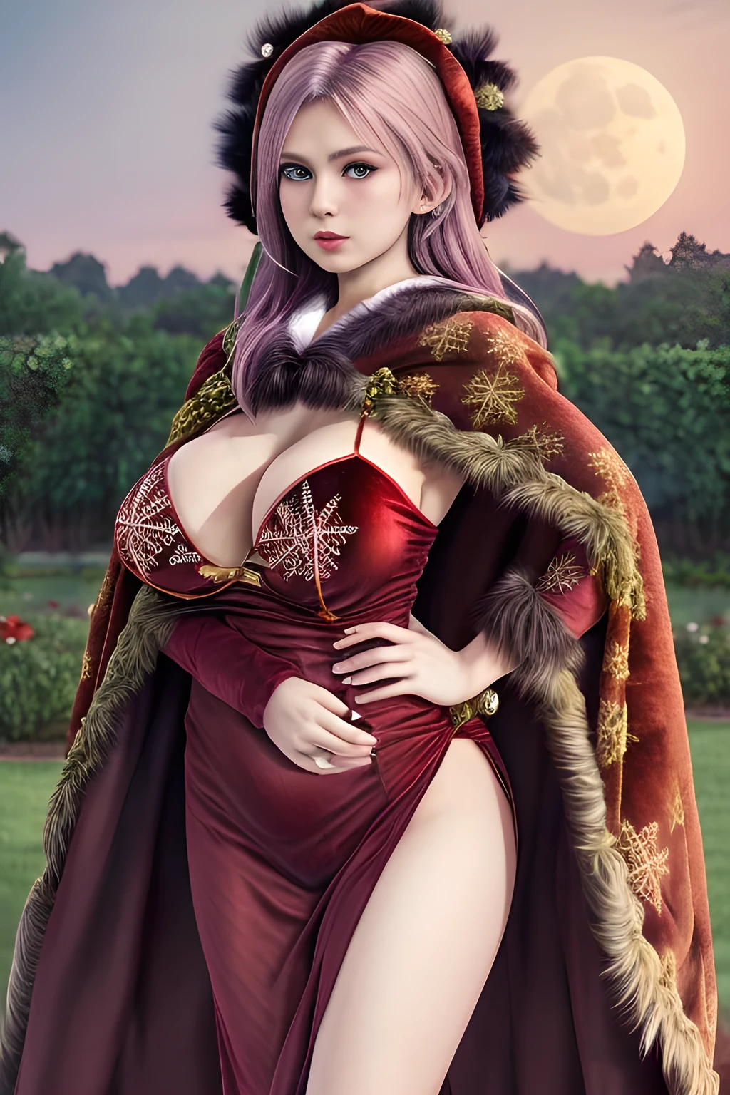 1girl,(RED theme: 1.2), (Velvet fabric nightgown: 1.2), (Koch snowflake cloak: 1.5), ,garden,moon,huge breasts,lactating,(lip gloss),(masterpiece), best quality, (real life portrait photography:1.5),unltra detailed,8K,Shot with a professional-grade camera like the Nikon D850,every intricate detail is captured, from the subtlest expression to the glimmer of anticipation in her eyes,Focus on thighs and above,solo,  elise,