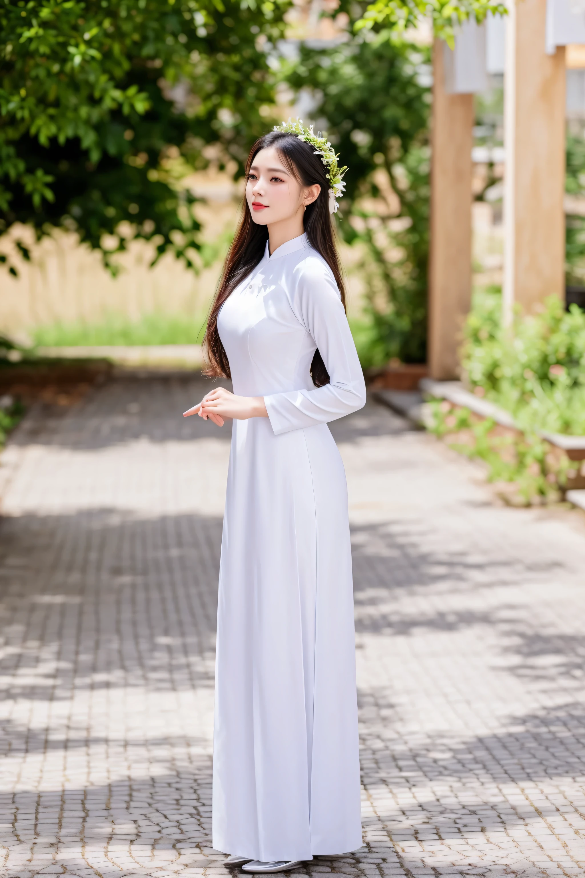 arafed woman in a white dress standing on a sidewalk, ao dai, in style of lam manh, wearing long gown, long dress, with a thin waist, traditional dress, long white dress, white hanfu, dressed with long fluent clothes, long dress female, full - view, full length view, vietnamese woman, traditional clothes