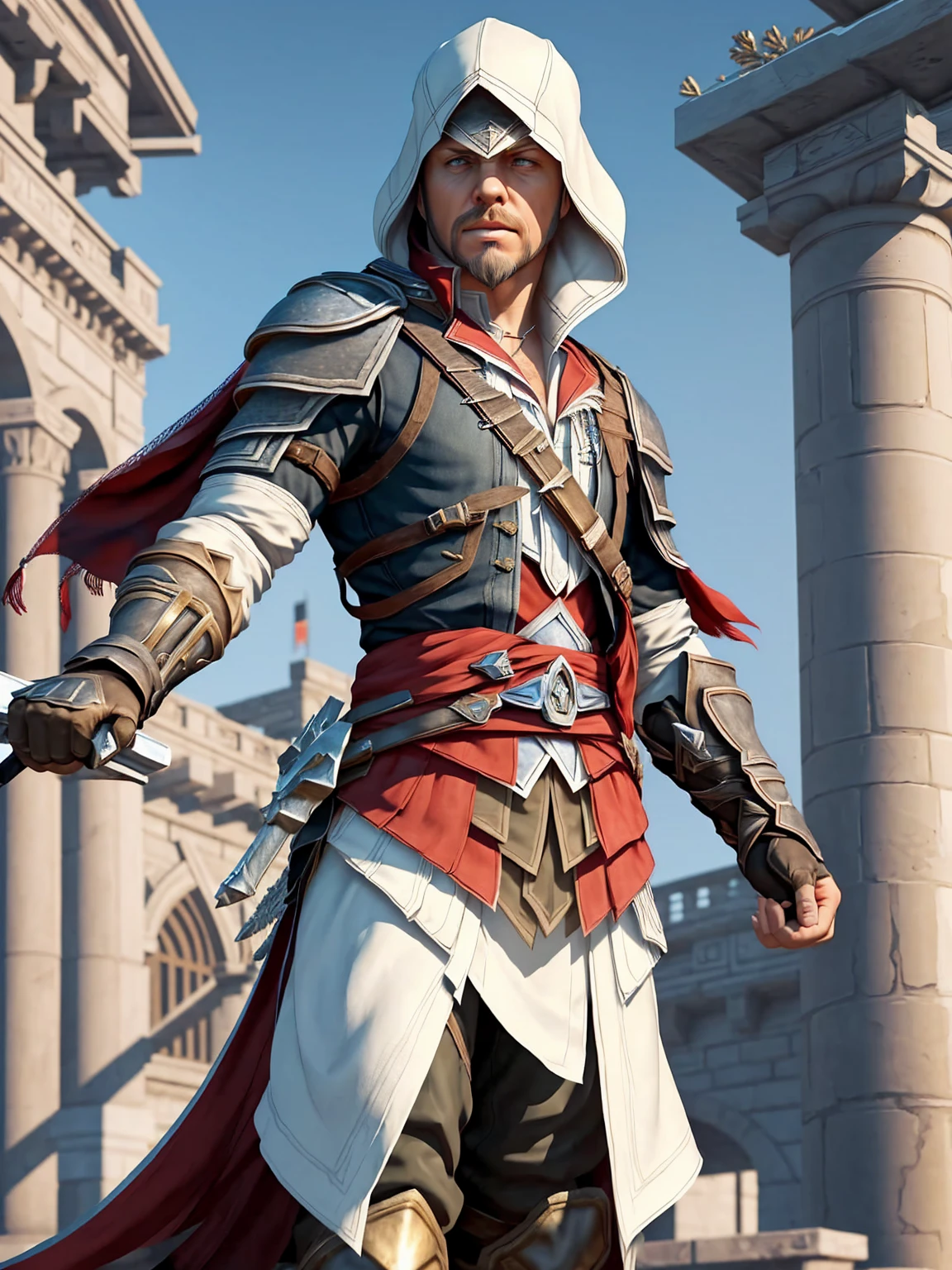 James Hetfield as an Assassin's Creed Character in a stoic pose; ((Traditional Assassin's Creed outfit)); standing; ((Assassin's Creed style)); ultrarealistic skin, ultrarealistic face; ultrarealistic body; ((ultrarealistic gold ornaments)); detailed skin; ultra detailed eyes; ultra detailed face; full body symmetrical with thick lines, Fibonacci, golden ratio, 3D metal structure tessellation, neural graphic, neurons, color, love, passion, incredibly detailed, 8k, masterpiece, artstation, surreal
