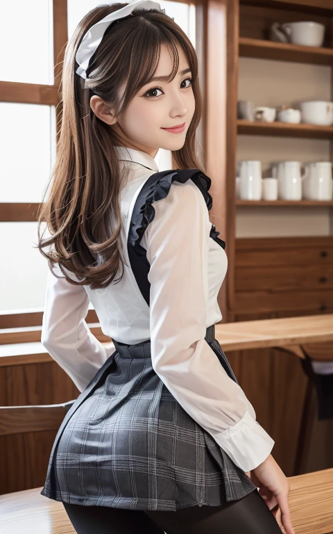 Cute 21 year old Japanese、Super detailed face、Pay attention to the details、double eyelid、Beautiful thin nose、Sharp focus:1.2、Beautiful woman:1.4、(Light brown hair,、),Pure white skin、highest quality、masterpiece、Ultra-high resolution、(Photorealistic:1.4)、Highly detailed and professional lighting、nice smile、Realistic eye and facial details:1.7、Medium chest、Daytime、Tight ass:1.5、Looking at the audience,The camera3mBackwards, Hilarious,(Maid:1.2),bow,Long sleeve, Black sleeves,(Black checked long tights:1.5),Maidの頭飾り,フリルのついたチェック柄のMaid服 apronl,cafeteria,Upper Body:1.8, messy hair、