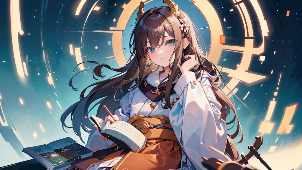 (Masterpiece,Highest quality),(Maximum details),(hair details),(Eye details),(hand details),woman,14 years old,light brown hair,long hair,He has dragon horns on his head.,green eyes,smile,be happy,Wear a light blue long kimono.,Wear a white coat,action,sit,อ่านbook,Decorations,book,ชั้นวางbook,table,chair,backdrop,ห้องsitเล่น,full body image