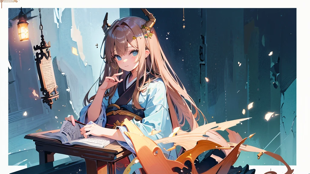 (Masterpiece,Highest quality),(Maximum details),(hair details),(Eye details),(hand details),woman,14 years old,light brown hair,long hair,He has dragon horns on his head.,green eyes,smile,be happy,Wear a light blue long kimono.,Wear a white coat,action,sit,อ่านbook,Decorations,book,ชั้นวางbook,table,chair,backdrop,ห้องsitเล่น,full body image