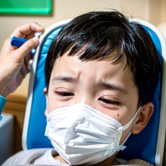 Handsome kindergarten boy with infectious disease、Appearance of suffering. He is wearing a white mask. He has a high fever. he is sleeping. He has a cough. He is exhausted. He is taking his temperature with a thermometer. He is dying. He is cooling his forehead with a cooling gel sheet..Are crying