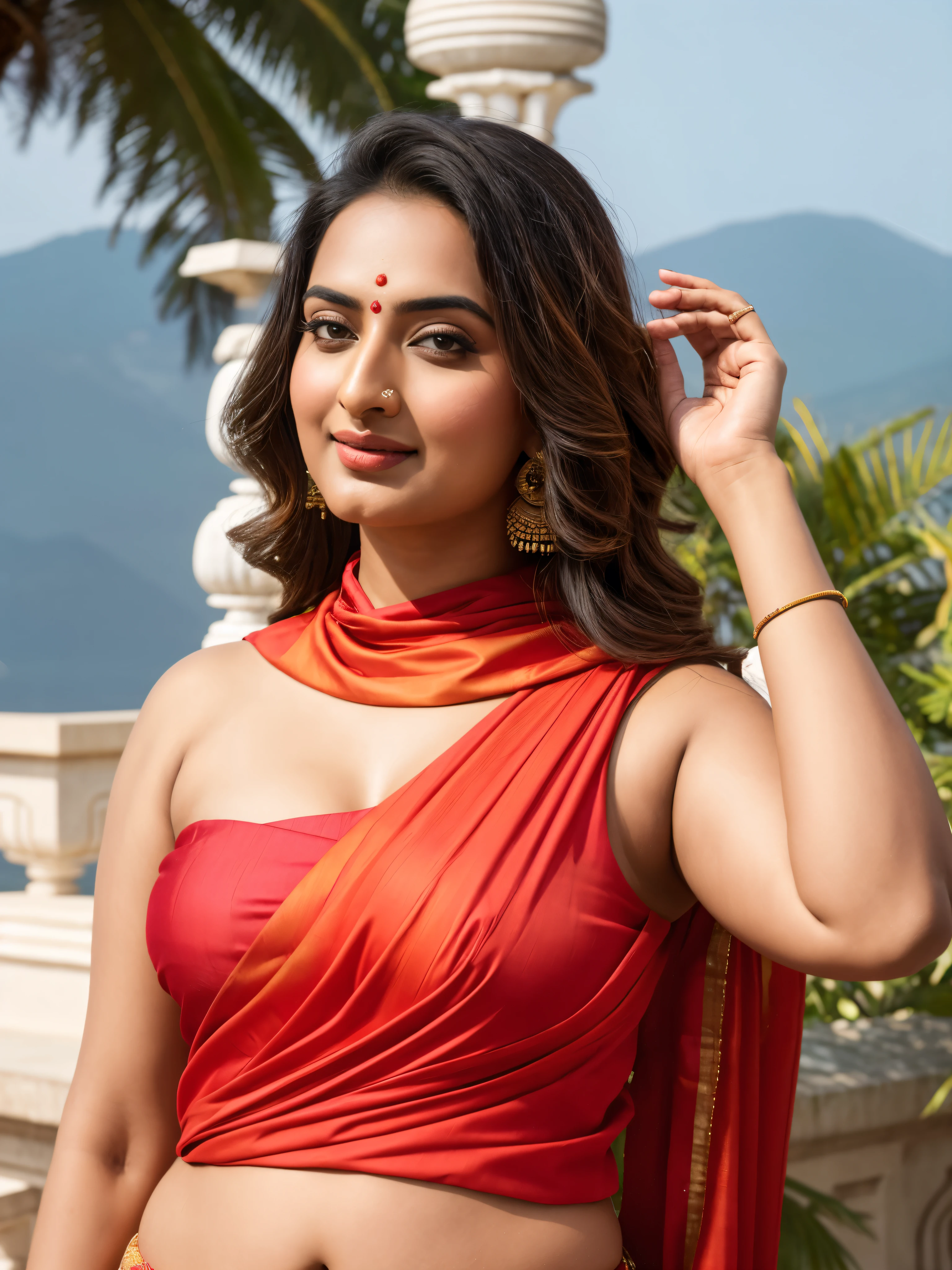 Foto RAW, photorealistic, photography, full body shot, master shot, perfect eyes, goddess like beauty, pierced eyes, perfect thick chubby mallu Desi aunty bhabhi, Wearing a Stanapatta, a chest-band.Saree model, model Photography, Indian saree shoot, Indian traditional wear advertising photography, traditional wear brand shoot, face of Indian actress Sonakshi Sinha, masterpiece, realistic, realism, incredible details,  pleasure, photorealism, detailed skin, skin pores, high contrast, photorealistic Artstation 8k HD digital art trend of high definition and detailed realistic skin texture, ultra detail, realistic skin texture, armature, best quality, ultra high definition, (photorealistic:1.4),, high resolution, detail, raw photo, sweat, Re sharp, by Lee Jefferies Nikon D850 Film Stock Photo 4 Kodak Portra 400 Camera F1.6 Lens Rich Color Ultra Real Realistic Realistic Textures Dramatic Lighting Unreal Engine Trending at Art Station Cinestill 800,(pele altamente detalhada: 1.2), 8k UHD, DSLR, soft-lighting, alta qualidade, grain of film, Fujifilm XT3,she didn't like to wear blouse or bra, she is happy to wear only saree, she hates blouse or bra, detailed hairy armpits, hyper realistic skin, skin pores, sweat, veins, 