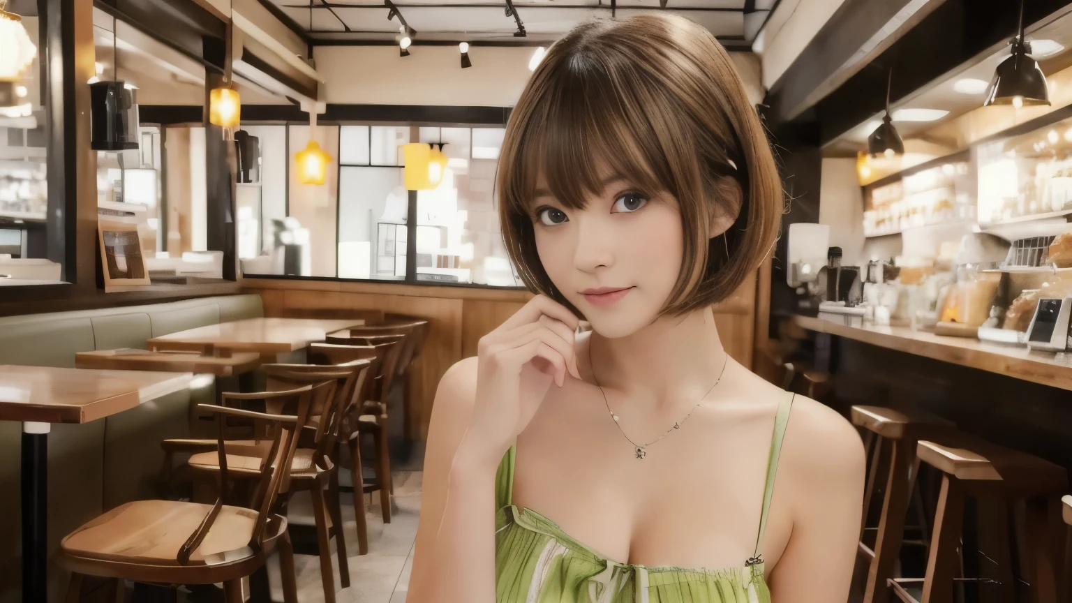 super high quality, Fashion Model, short hair, thin, (8k、RAW Photos、highest quality、masterpiece:1.2), Japanese Idols, Serious expression, Shaggy, Brown Hair, Stylish cafe, Fashion magazine shooting, People having fun at cafe々々Bustling., (Realistic、Realistic:1.37), Beautiful Face , Urban Cafe, Small breasts, A gentle gaze, Spring Clothes, Dress appropriately
