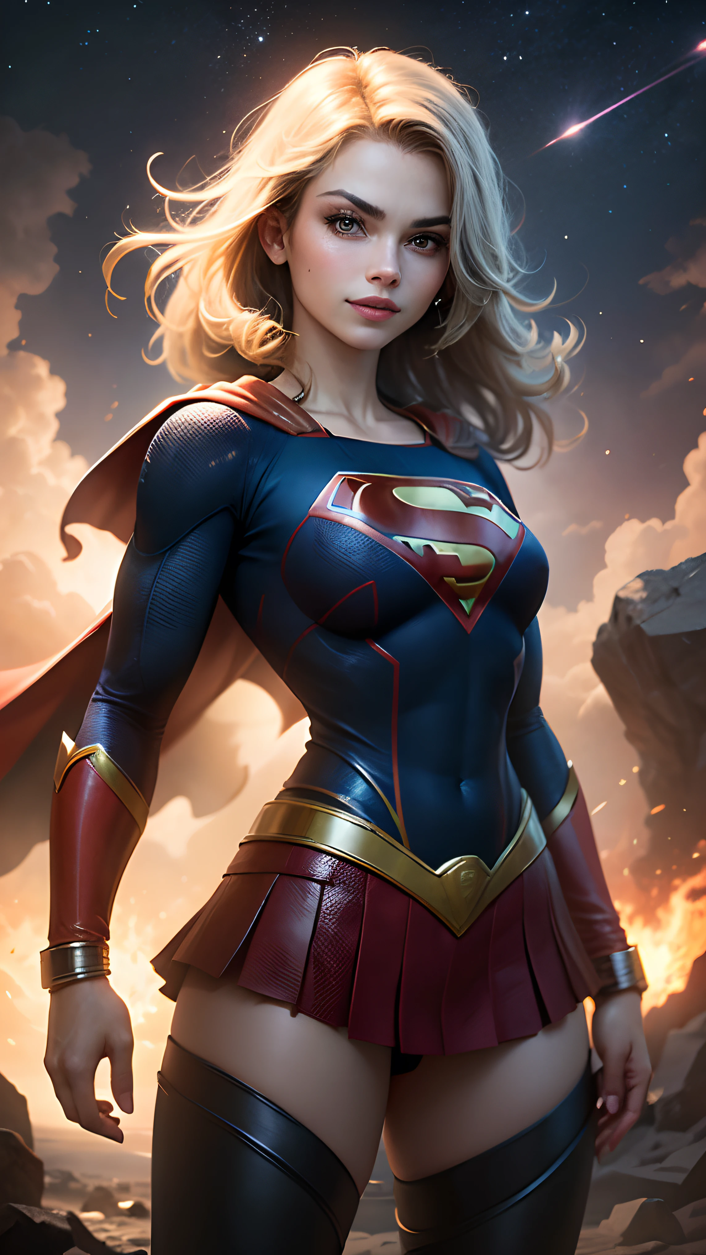((full body view)), (SUPERGIRL in space.), (Raise a large asteroid with your own hands), (Полная супергероиня DC Comics), outside, highlights your muscles and scars. The scenery is lush and mysterious, with the galaxies around you. The camera details everything. ((She has blonde hair, she has long hair)), (She has a confident smile, heroic pose), ( His attitude is fearless), ( She has an arrogant personality).