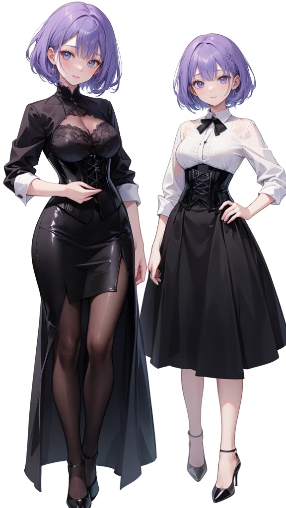 Purple Hair,short hair,Adult female,(suit),White Y-shirt,((Rolling up his sleeves)),(corset),(Black tight skirt),(High heels),Heels are visible,((Simple white background)),smile,((whole body)),((full body)),Character Sheet,