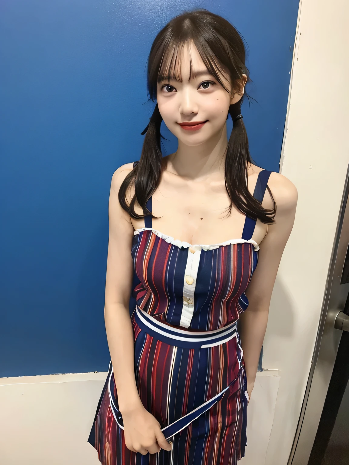 one person、13 years old、Full body photo、slender、woman、White drool coming out of the mouth、smile、Short Twin Tails、Stick your butt out、 Fair skin, messy hair, super cute、Soft and Face、8K resolution、Surreal、Ultra high definition、 A-cup small breasts((Highest resolution、8k、masterpiece:1.3))、Ultra-fine face、Ultra Fine Lips、Beautiful Eyes、double eyelid,Dark blue walls、Red striped bandeau dress:1.1、Thighs、thin,Thighs are visible、Shapely small breasts、sculptural pose、