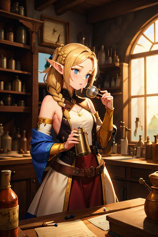 masterpiece, highest quality, Very detailed, 16k, Ultra-high resolution, Cowboy Shot, 1 Elf girl, Detailed face, Perfect Fingers, Elf Ears, Small breasts, blue eyes, blonde, Braiding, No sleeve, Light clothing, (renaissance_alchemist_studio:1.0), (flask:1.0), (Magic:1.2), Mixing chemicals