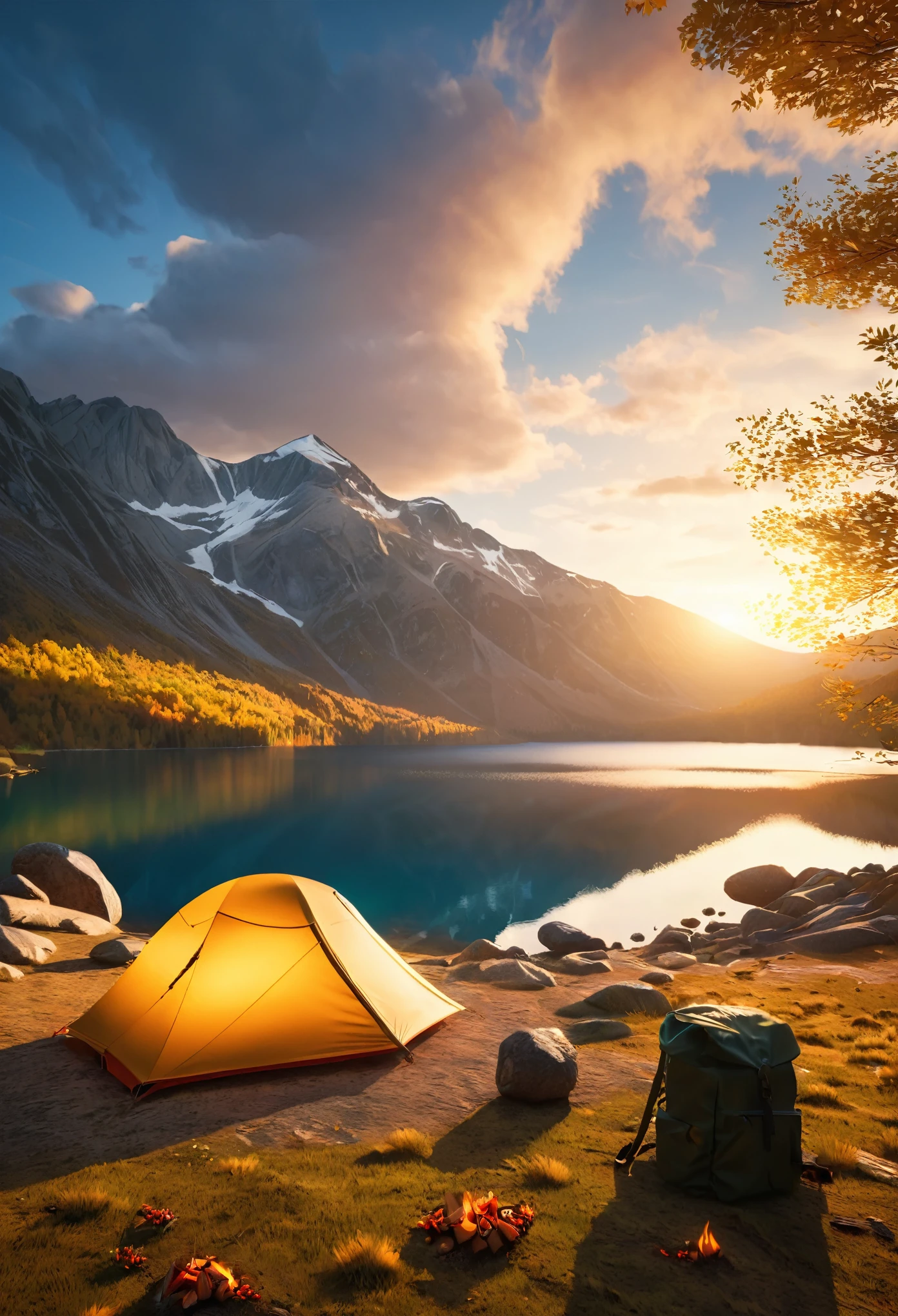 A serene outdoor camping scene, minimalist journey, detailed landscape, dramatic sky, golden hour lighting, detailed tent, campfire, hiking backpack, mountain silhouettes, tranquil lake, fallen leaves, cinematic composition, vivid colors, (best quality,4k,8k,highres,masterpiece:1.2),ultra-detailed,(realistic,photorealistic,photo-realistic:1.37)