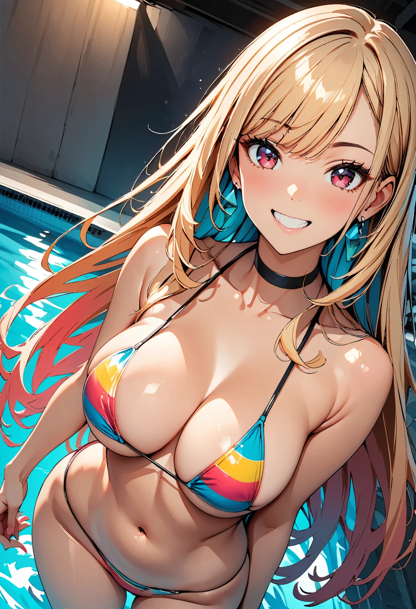 (highest quality:1.2, comics, Manga style, Very detailed, up to date, Vibrant, digital coloring, High Contrast, masterpiece:1.2, highest quality, Best aesthetics), (((kitagawa marin, 1 girl))), blonde, Straight Long Hair, Pink gradient hair, Red eyes, Earrings, Black choker, Colorful Bikinis, Micro Bikini, Grin, smile, Are standing, Cowboy Shot, Night Pool,