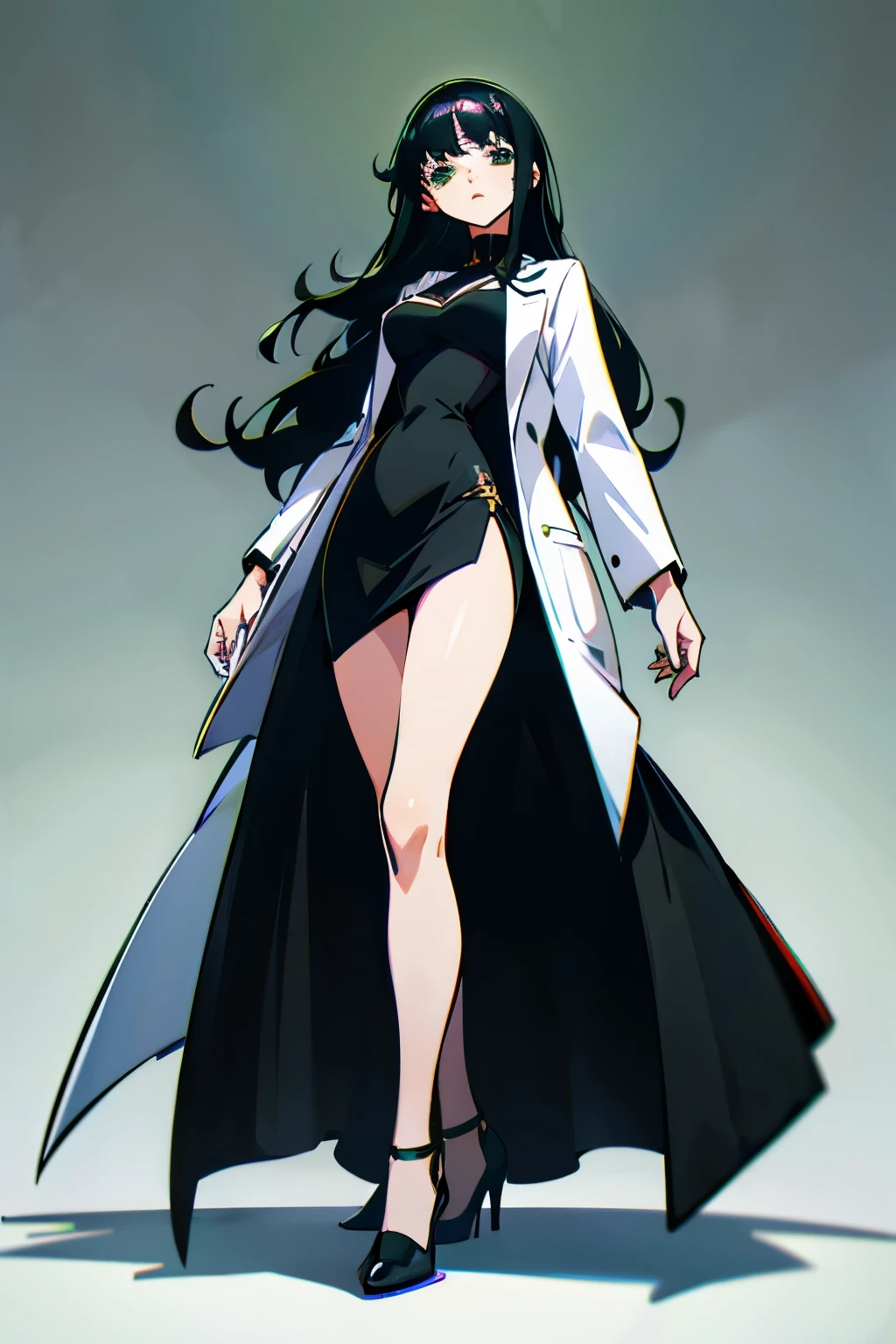 1woman, long black hair, green eyes, wearing short black dress, white lab coat, high heels, laboratory, high res, ultrashop, 8K, masterpiece, looking at viewer