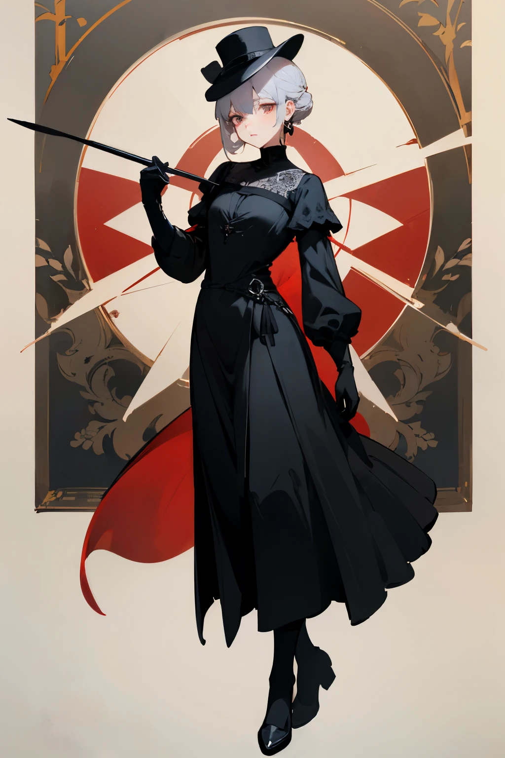 ((highest quality))　((masterpiece))　one person 　Silver Hair　((Chignon Hair))　Crimson Eyes　Black Stockings　((Black long dress))　Black gloves　(black hat with brim)　((Mourning clothes))　Droopy eyes　Beauty　whole body　stand　adult　Blackening