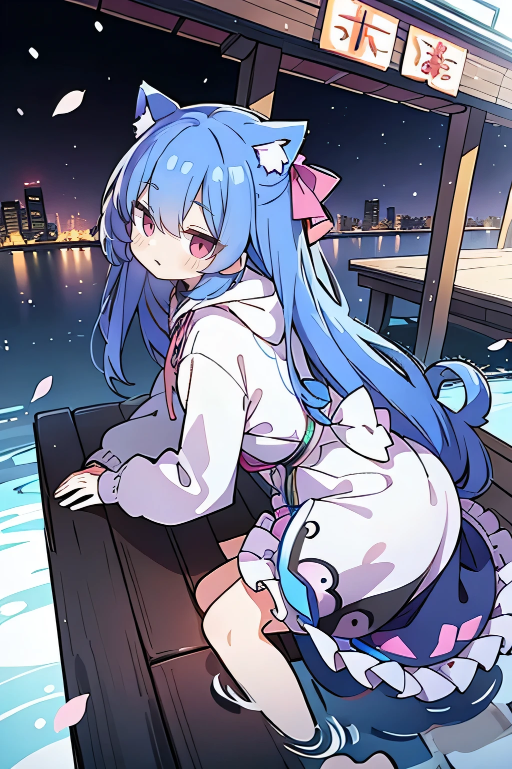 （masterpiece：1.2），Super detailed，lifelike，Expressive eyes，fair skin，perfect face shape，1 girl，
Japanese comics,Gorgeous blue hair,flowing blue hair,flowing clothes,Cat ears,Petals fall,beautiful lola,Baby Angel,
Cross your legs，Gentle and peaceful background，The pavilion is cool and comfortable,smile, wearing hoodie, background of tokyo,back views,snowing, winter,lie on the water. 