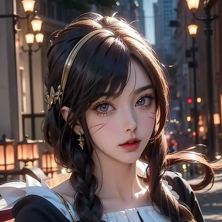 a beautiful young girl with large, expressive eyes, delicate facial features, and fluffy chestnut hair posing confidently while wearing a Spy x Family Yol Forger costume, the image captured as a high-quality, realistic SLR photograph with exceptional detail, vivid colors, and perfect balance, showcasing the girl's striking beauty and the intricate costume design, the lighting and composition drawing the viewer's attention to the subject's captivating gaze.