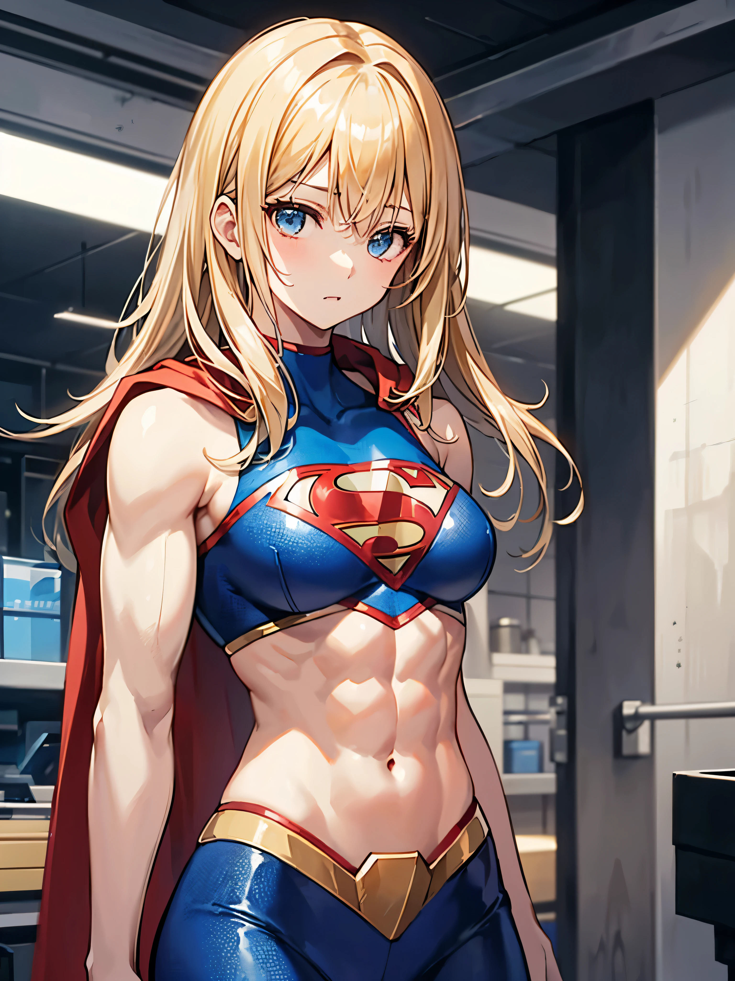 (((masterpiece、Highest quality、highest quality、High resolution illustrations、Highly detailed Unity 8kwallpaper)))、(((Illustration of a girl alone、upper body、beautiful girl、Supergirl)))、((Blonde、long hair、Straight Hair、Male:1.4))、(((tall)))、((Bodybuilder))、(((muscular female、muscular、stocky build、thickset physique、muscular arms:1.2、broad shoulders、solid chest、Abdominal muscles)))、((Supergirl Costume、Cape))、Inside an abandoned factory