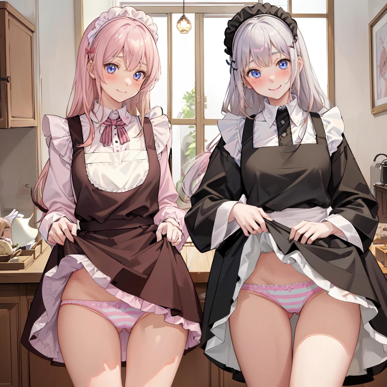 highest quality、masterpiece、((2 girls:1.5))、((smile:1.3))、(blush:1.3)、Black Shirt、blouse、((fun!!))、(Small breasts)、()、Blonde、(Long sleeve)、((White apron:1.5))、((Maid))、((hair ornaments)),、Kamimei、look at me、 ((in house:1.5))、 Taking a break from watching the audience、Cowboy Shot、(Skirt lift:1.3),(Highly detailed pink striped panties:1.3)、(Highly detailed panties:1.3)、、(スカート that rolls up:1.3)、(Panties fully exposed:1.5)、Light blue eyes、long hair、Glowing Eyes