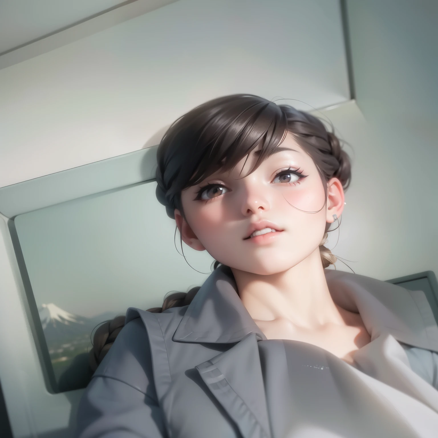 Japanese teenager, pretty face, young face, thin chin, bangs, braids, long brown hair, pale skin, very slim, skinny body, straight breasts, flat breasts, small breasts, thin legs, short legs, skinny thighs, wearing a tiny A-line dress, walking, Sunset, Mount Fuji in the background, artwork, detailed setting, cozy setting, pokies, camel toe, cinematic lighting, masterpiece, highly detailed, high definition, detailed scenery, hyperrealistic anime, full body, 135mm lens