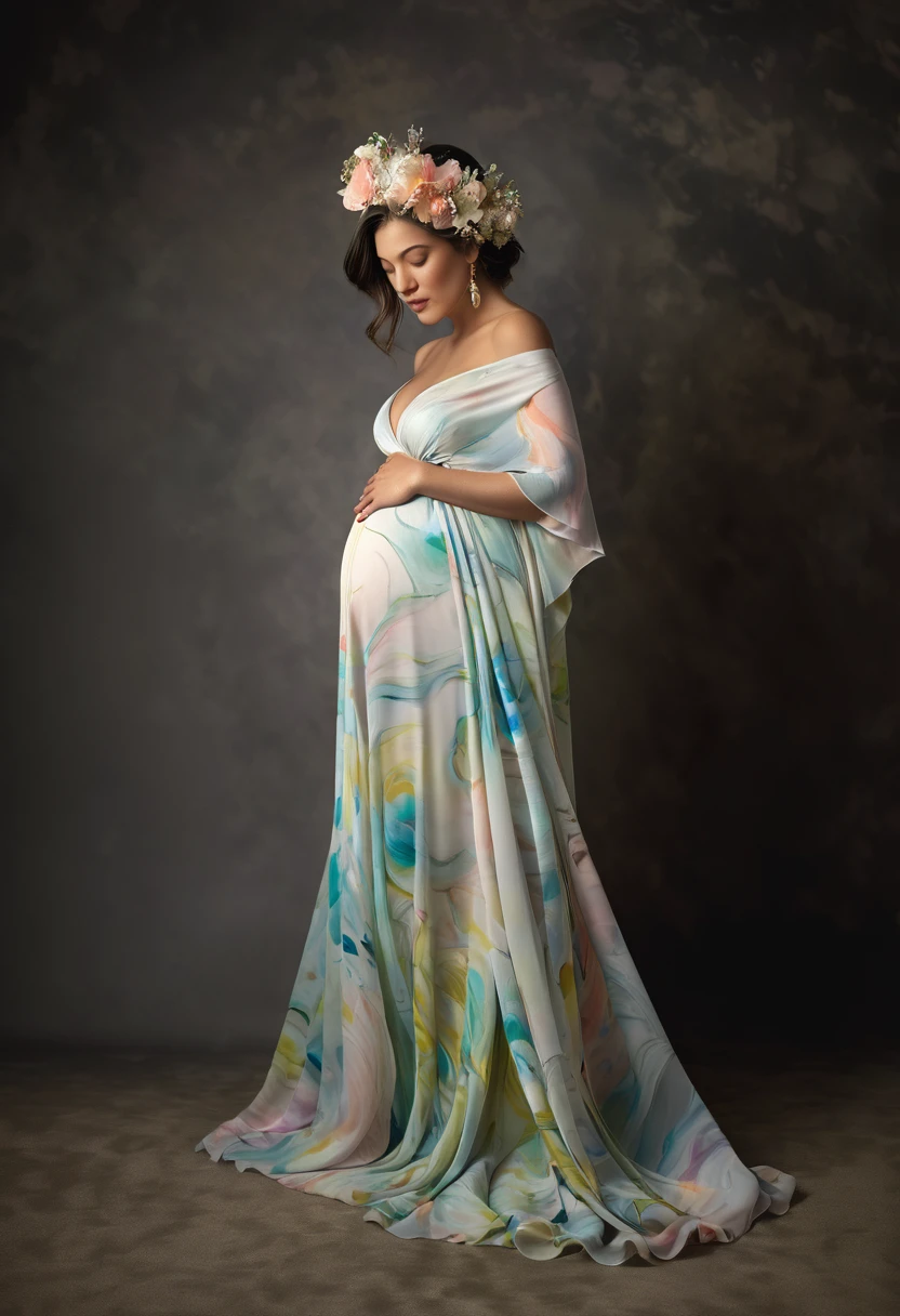 pregnant woman in a flower floral colorful dress posing for a picture, cover shot, backdrop with Paper marbling pattern , Persian pattern , “hyper realistic, cover. photo : david roemer, flowing gown, soft elegant gown, draped in flowing fabric, award winning studio photo, endless flowing ethereal drapery, beautiful gown, ellie victoria gale, gown, award winning fashion photo, cait miers, monia merlo