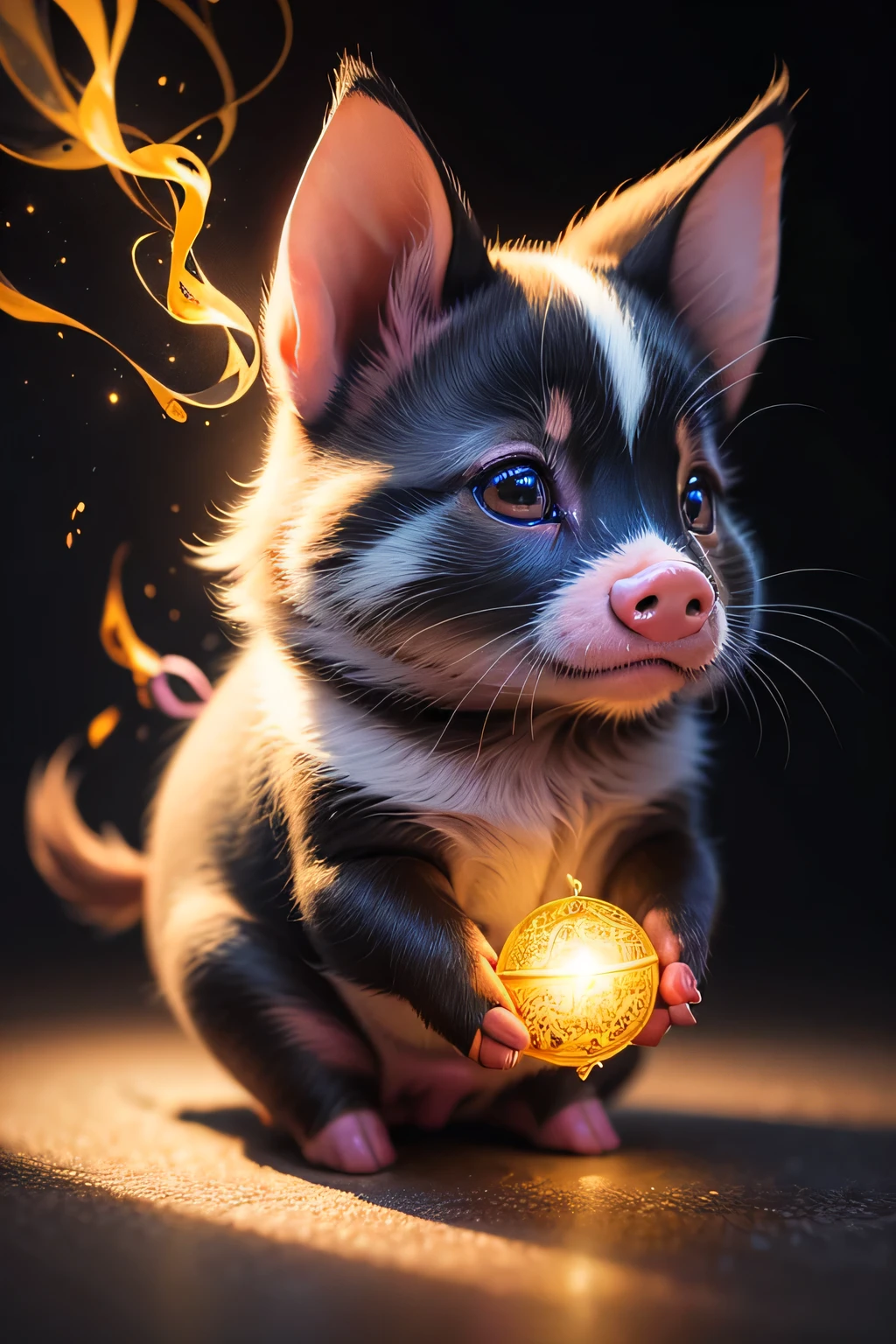 Colorful drawing of a pig on a black background,, Breathtaking Rendering, In a shining connection, Inspired by Kinuko Y. Crafting,, Magical Elements, Kitten Icon, oh, Is beautiful, Cast a variety of spells, bright flash, flash