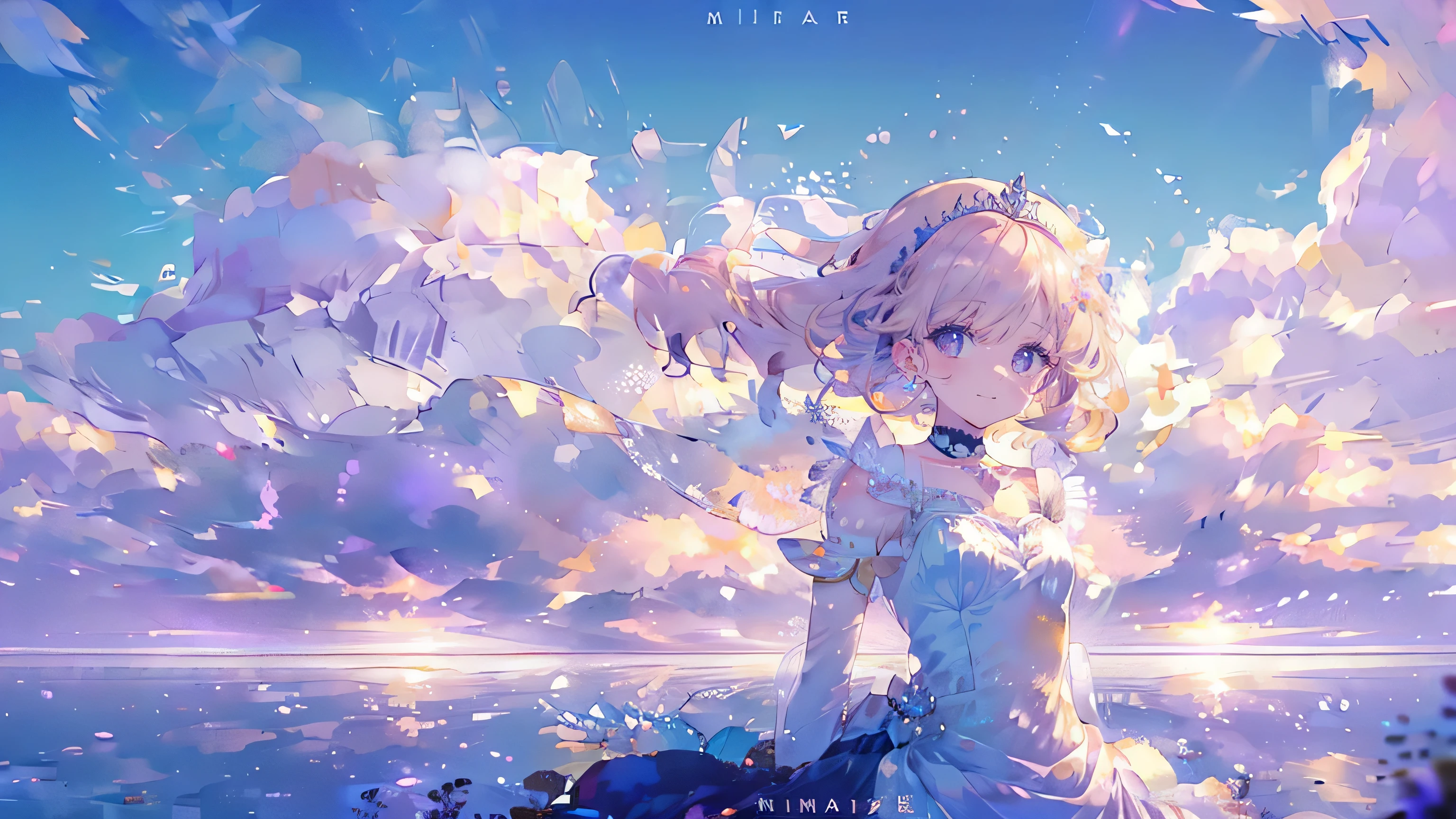 (highest quality, masterpiece, Super detailed, very detailed, exquisite, 16k,Full HD),A little closer,golden ratio,dramatic lighting,pastel colour,seems to be happy,fly in the sky,soft lighting, ((alone:1.5)),blue sky,rainbow,White cloud,fluffy clouds,above the clouds,((head shot)),The magic of the rainbow,(fairy princess, purple eyes, long eyelashes,white skin,slim,pale pink plump lips,pale pink cheeks, The wind is blowing,blonde,thin and long,(thin and high nose,small nose),(Huge fairy wings grow from just above her waist.),diamond tiara,diamond earrings,diamond earrings,Diamond Choker,(white ball gown dress:1.1), pure white lace and frills,(smile:1.2), (fantasy, romantic atmosphere), magic light, Asahi, Ocean