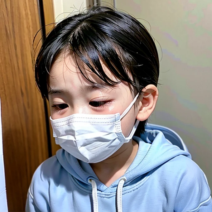 Handsome  with infectious disease、Appearance of suffering. He is wearing a white mask. He has a high fever. he is sleeping. He has a cough. He is exhausted. He is taking his temperature with a thermometer. He is dying. He is cooling his forehead with a cooling gel sheet..Are crying