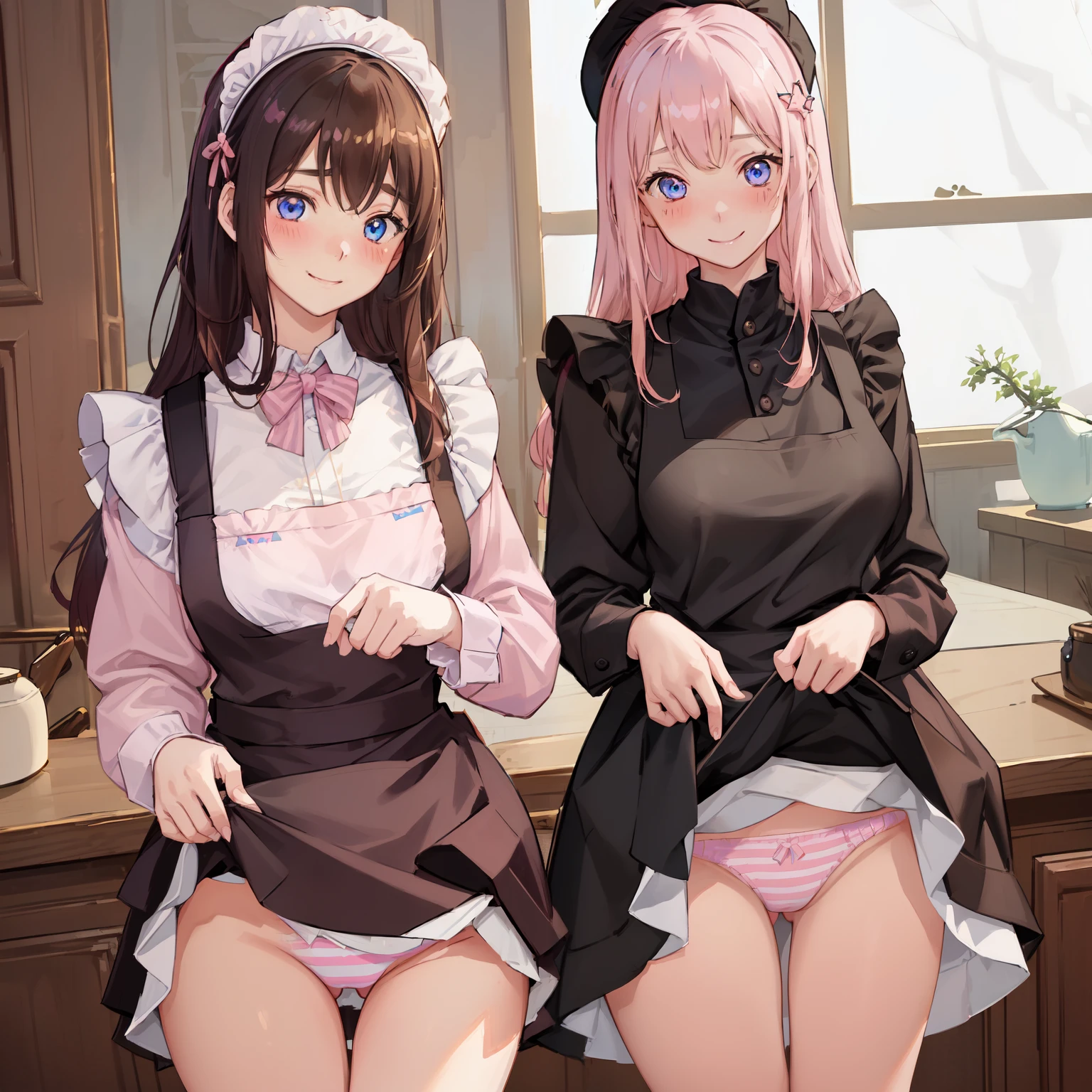 highest quality、masterpiece、((2 girls:1.5))、((smile:1.3))、(blush:1.3)、Black Shirt、blouse、((fun!!))、(Small breasts)、()、Blonde、(Long sleeve)、((White apron:1.5))、((Maid))、((hair ornaments)),、Kamimei、look at me、 ((in house:1.5))、 Taking a break from watching the audience、Cowboy Shot、(Skirt lift:1.3),(Highly detailed pink striped panties:1.3)、(Highly detailed panties:1.3)、、(スカート that rolls up:1.3)、(Panties fully exposed:1.5)、Light blue eyes、long hair、Glowing Eyes