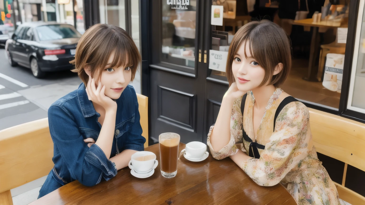 super high quality, Fashion Model, short hair, thin, (8k、RAW Photos、highest quality、masterpiece:1.2), Japanese Idols, Serious expression, Shaggy, Brown Hair, Stylish cafe, Fashion magazine shooting, People having fun at the cafe々Bustling with., (Realistic、Realistic:1.37), Beautiful Face , Urban Cafe, Small breasts, A gentle gaze, Spring Clothes, Dress neatly