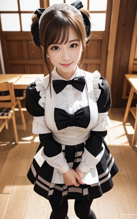 Cute 24 year old Japan、Super detailed face、Pay attention to the details、double eyelid、Beautiful thin nose、Sharp focus:1.2、Beautiful woman:1.4、(Light brown hair,、),Pure white skin、highest quality、masterpiece、Ultra-high resolution、(Photorealistic:1.4)、Highly detailed and professional lighting、nice smile、Realistic eye and facial details:1.7、Small breasts、Daytime、Tight ass:1.5、Looking at the audience,The camera3mBackwards, Hilarious,(Maid:1.2),bow,Long sleeve, Black sleeves,(Black checked long tights:1.5),Maidの頭飾り,フリルのついたチェック柄のMaid服 apronl,cafeteria,Upper Body:1.8, messy hair、