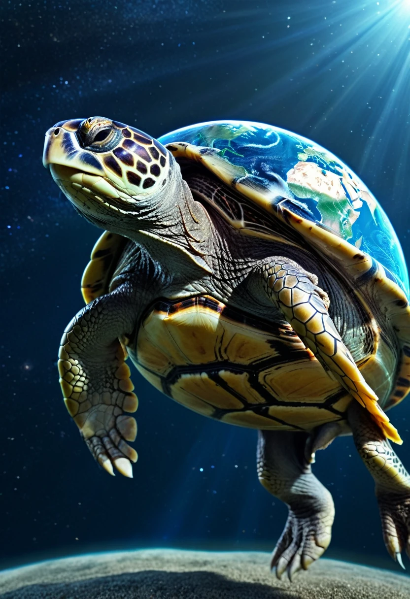 a turtle carrying a globe on her_back, left_side_cam_view, astral_elemental_background, epic Realism, UHD, ultra detailed