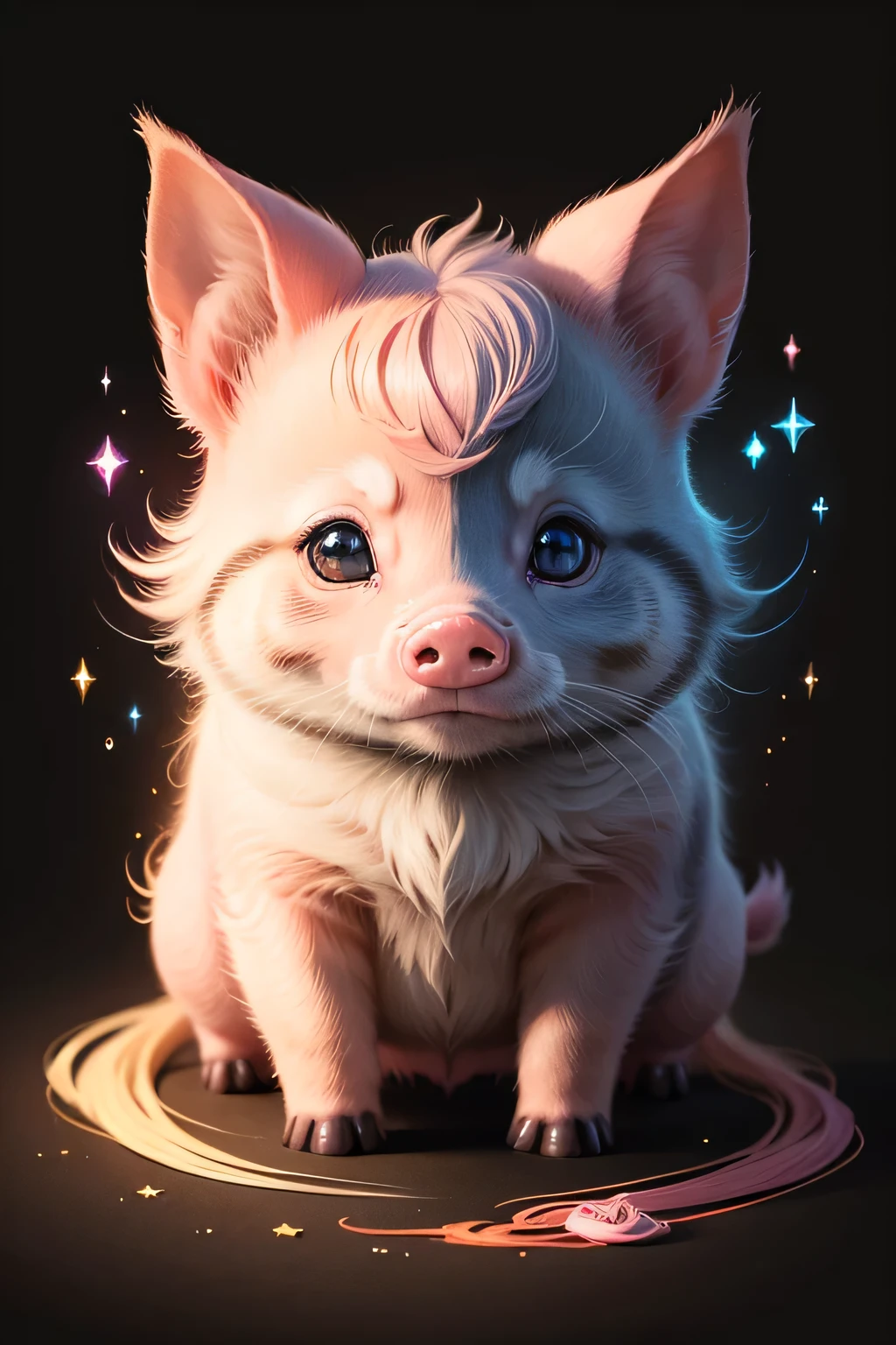 Colorful drawing of a pig on a black background,, Breathtaking Rendering, In a shining connection, Inspired by Kinuko Y. Crafting,, Magical Elements, Kitten Icon, oh, Is beautiful, Cast a variety of spells, bright flash, flash  