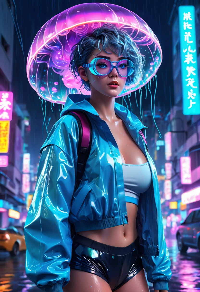 vaporwave,neon lights,masterpiece,finely detailed face,1girl,huge breast,jellyfish girl,greyish-blue short messy hair,cyberpunk,glowing blue eyes,goggles,transparent raincoat,crop top,shorts,city night background,wallpaper,8k,digital art,sparkle,jellyfish floating around,colorful neon lights,rim light,cinematic lighting