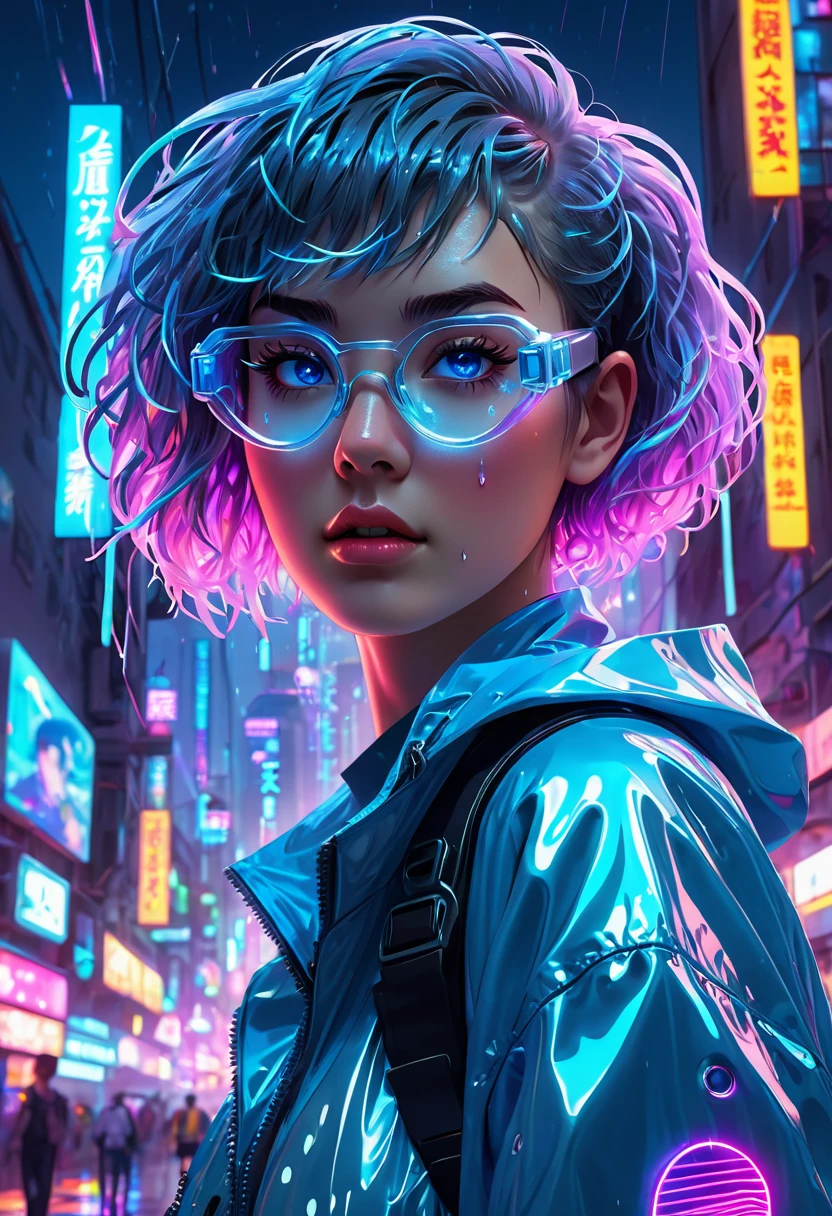 vaporwave,neon lights,masterpiece,finely detailed face,1girl,huge breast,jellyfish girl,greyish-blue short messy hair,cyberpunk,glowing blue eyes,goggles,transparent raincoat,crop top,shorts,city night background,wallpaper,8k,digital art,sparkle,jellyfish floating around,colorful neon lights,rim light,cinematic lighting