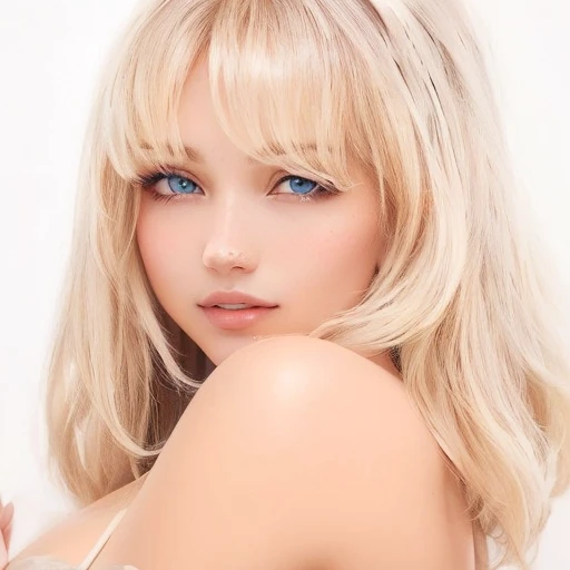 un primer plano de una mujer con cabello largo y rubio y una camisa blanca, Lalisa Manobal, cabello rubio y ojos azules, flequillo blanco, pelo rubio ojos azules, retrato de kim petras, hair flequillo blanco hair, Con flequillo, ojos azules y cabello rubio, pelo rubio ojos azules, diosa rubia, flequillo blanco, Rubia y rasgos atractivos., flequillo completo