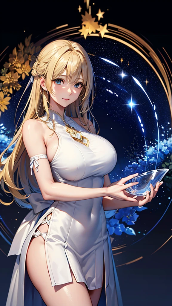 masterpiece, high quality, 4K, Beautiful design, silhouette,blonde, 非常に詳細な夜のStarry Sky,Glass Kingdom,Glass World,Glass Castle, wonderful, Finer details, Very knowledgeable woman, Highly detailed solo, 1 female,Big Breasts, Pure white dress,Night view,Starry Sky,