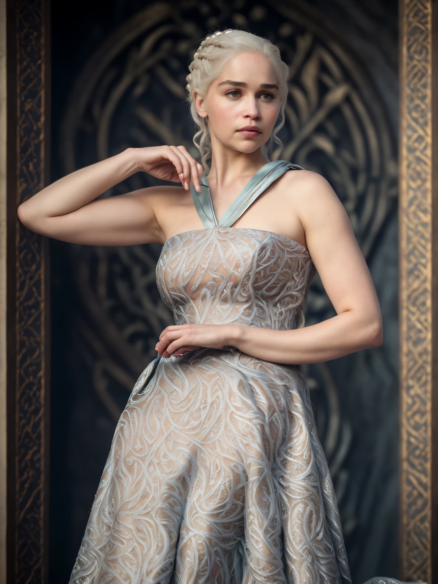 Solo woman, Linen cloth, linen dress, dress inspired by mediaeval period Royal lady, mediaeval maid linen dress, Royal Satin dress, Perfect eyes, flawless Beauty, pierced eyes, Masterpiece, Daenerys Targaryen, Gorgeous woman, queen, Queen Lady, Princess of Dragonstone, beautymarks on breast, The Unburnt, Queen of Meereen, Queen of the Andals, the Rhoynar and the First Men (claimant), Protector of the Seven Kingdoms (claimant), Khaleesi of the Great Grass Sea, Breaker of Shackles, Mother of Dragons, The One Who Was Promised, Lady of Dragonstone , 40 years Old, she is a Full growned lady now, beautiful mature lady, the queen, milf beauty, mature queen, Best quality, a small, charming Beauty, a captivating woman, fully ripen milf body, lustful queen, alluring appearance, unrivaled beauty, wonderful breasts, large breasts, mediaeval erotic costumes, a Game of Thrones-inspired costume, a close-up of a woman from the middle ages, Daenerys Targaryen, Daenerys, resembles Emilia Clarke, Emilia Clarke, scene from "Game of Throne," deep cleavage, warrior princess, healthy body, perfect thick body, attractive figure, fleshy body, style of "Game of Throne," beautiful lady, beautiful woman, mediaeval clothes, stunning woman, 8K, insane details, dress made of clothes and jewelry, perfect hair, styled hair, high clarity eyes, perfect hands, perfect fingers, perfect eyes, single female, silver white hair,