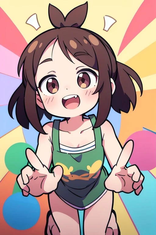 ((mejor calidad)), ((obra maestra)), (detallado),chica, brown hair with a ponytail, ojos verdes redondos,cara redonda, happy expression, saltando la soga,ropa casual.. perspectiva de frente