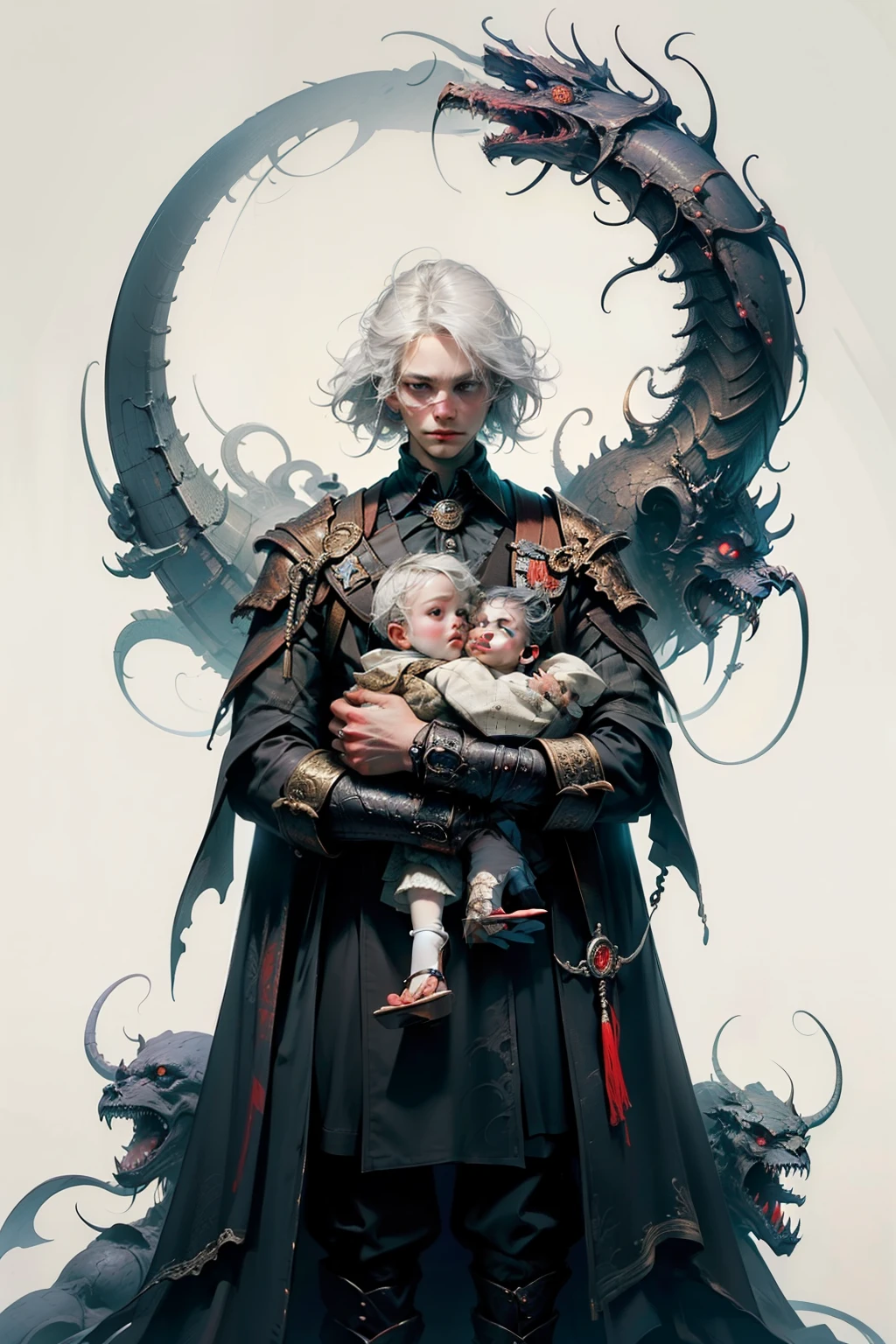 ((best quality)), ((masterpiece)), (detailed), perfect face, a mother cradling her , a knight, white background, plain background, Bloodborne inspired, Bloodborne attire, occult aesthetic, occult, red and white clothing detailed and intricate steampunk and detailed gothic, long coat, Complex laced boots, Silver hair swaying in the wind, white background, Very dramatic and cinematic lighting, full body, whole body, body, cosmic horror, grim dark, a mother cradling her , mother,