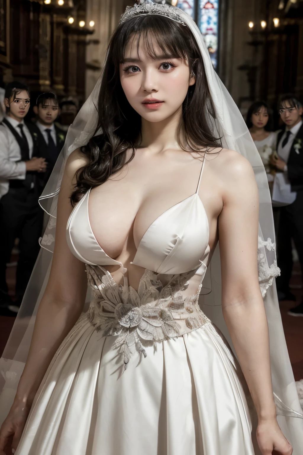 Naked,Full body like," Figure, (((1 bride is surrounded by plenty of business men)))  Bride's outfit without shoulder straps,Small silver tiara,Colossal tits,sloppy and droopy breasts, heavy breasts almost exposed ,Fully visible bust,Sheer princess skirt,Wedding in the church,There is a large crowd of participants. the perfect body, (Best Quality, 4K, 8K, High resolution, masutepiece:1.2), Ultra-detailed, (Realistic, Photorealistic, Photorealsitic:1.37), royal, Captivating, (Vibrant colors, sharp chest:1.1), Soft lighting", transparent dress.