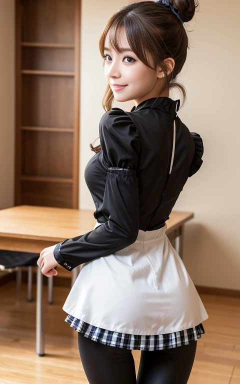 Cute 24 year old Japan、Super detailed face、Pay attention to the details、double eyelid、Beautiful thin nose、Sharp focus:1.2、Beautiful woman:1.4、(Light brown hair,、),Pure white skin、highest quality、masterpiece、Ultra-high resolution、(Photorealistic:1.4)、Highly detailed and professional lighting、nice smile、Realistic eye and facial details:1.7、Small breasts、Daytime、Tight ass:1.5、Looking at the audience,The camera３ｍBackwards, Hilarious,(Maid:1.2),bow,Long sleeve, Black sleeves,(Black checked long tights:1.5),Maidの頭飾り,フリルのついたチェック柄のMaid服 apronl,cafeteria,Upper Body:1.8, Bun Hair、High angle