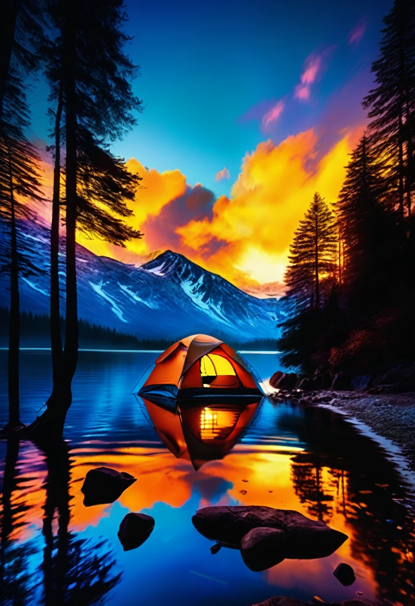 outdoor camping, (A beautiful sky, silhouette of a campsite, roaring fire, tent, on the shore by reflective crystal clear water, silhouettes of trees mountains, valleys, reflective clear water:2.6), hyperdetailed, color gradient, deep color, complementary colors, beautiful, complex, cosmic, elaborate ethereal, twilight, movement, calm, sincere, faith, perfect reflection
