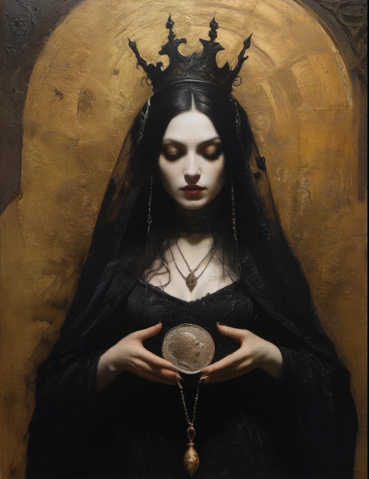 James Gurney, Surrealist art , dream-like, Mysterious, Provocative, symbolic, Complex, detailed,, (Gothic but very beautiful:1.4), (masterpiece, highest quality:1.4) , Nicola Samori Style, Queen of Coins