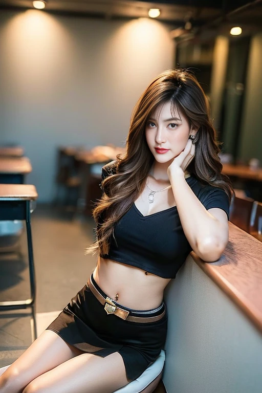 (8ก,high resolution,Masterpiece, best quality, alone, complicated details, Chromatic aberration), realistic, ((small breasts)), ((small breasts)), ((small breasts)), (Chest sagging.), hair in one eye, big round hoop earrings, Diamond choker, gold necklace, silver necklace, small watch, bangle, bracelet, Anklet, Waist necklace, (symmetrical eyes),(Perfect symmetrical body), (Photo of a beautiful age girl of 24 years old), Beautiful and charming with contemporary fashion paintings as well., looking at the audience, ((Behind the scenes of a large classroom)), (black short skirt), (((Wear a blue shirt over it., ((White short sleeve shirt), (Open your shirt and show your breasts.), no bra.)), (open chest), (Chest sagging.))), (()), (Long square leather belt buckle), ((Put your hands down.)), (bob, Side flatness, brass colored hair, (There is a thin layer of hair covering the face.)), sharp eyeliner, eye shadow, Blush, with thick eyelashes, Sharp eyes, purple eyes, pink cheeks, Very delicate and beautiful, round chin, Sharp focus, elegant, (Open your legs fully on the study table.), (Sit with your head turned away with your legs open.), (Open your legs and lift your right leg over your left leg.), (), Posing seductively.