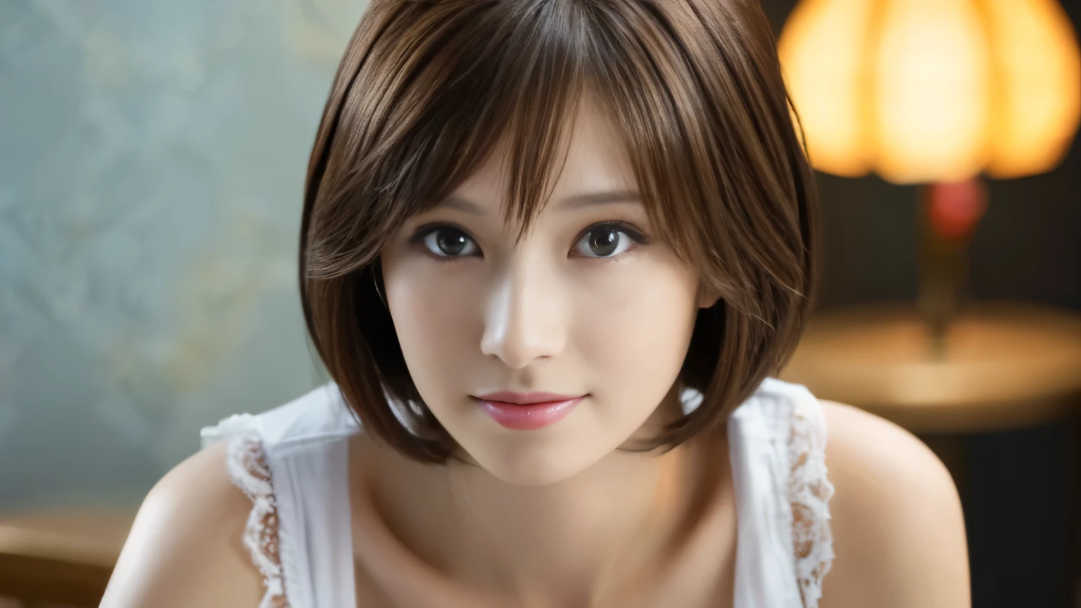 masterpiece、highest quality、High resolution、Tabletop、wallpaper、Realistic、Bright lighting、Professional Lighting、Face Light、Smooth lighting、Japanese women、Adult、Beautiful woman、action、gravure、sexy、poor、so beautiful、Beautiful Skin、Beautiful and exquisite、Detailed face、slim、Moderate、short hair、Brunette colored hair、Brown eyes、Looking into the camera、Photo taken in a cafe,