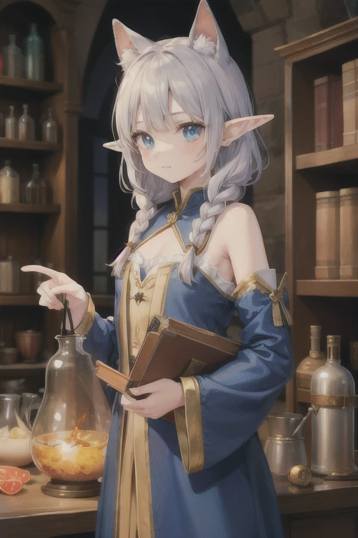 masterpiece, highest quality, Very detailed, 16k, Ultra-high resolution, Cowboy Shot, 1 Elf girl, Detailed face, Perfect Fingers, Elf Ears, Small breasts, blue eyes, Silver Hair, Braiding, No sleeve, Light clothing, (renaissance_alchemist_studio:1.0), (flask:1.0), (Magic:1.2), Mixing chemicals