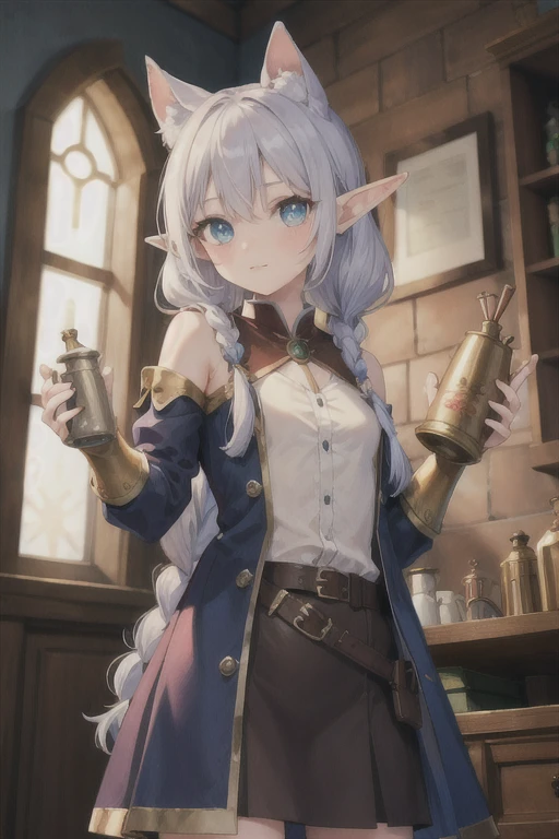 masterpiece, highest quality, Very detailed, 16k, Ultra-high resolution, Cowboy Shot, 1 Elf girl, Detailed face, Perfect Fingers, Elf Ears, Small breasts, blue eyes, Silver Hair, Braiding, No sleeve, Light clothing, (renaissance_alchemist_studio:1.0), (flask:1.0), (Magic:1.2), Mixing chemicals