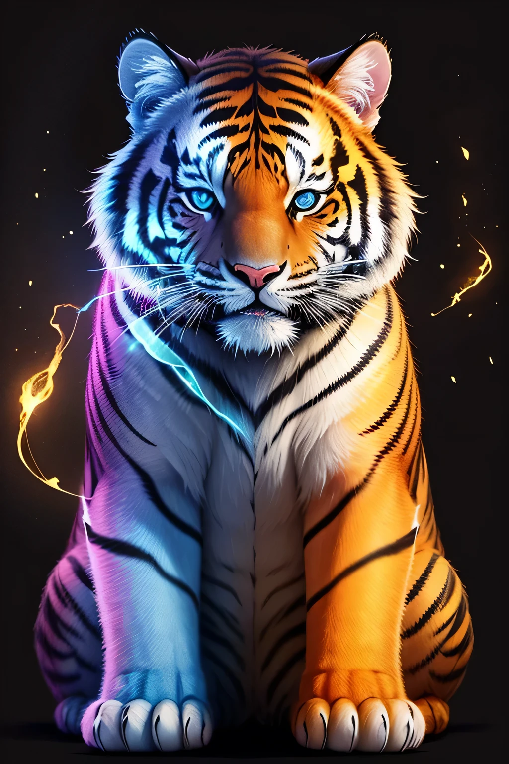 Colorful tiger drawing on a black background,, Breathtaking Rendering, In a shining connection, Inspired by Kinuko Y. Crafting,, Magical Elements, Kitten Icon, oh, Is beautiful, Cast a variety of spells, bright flash, flash