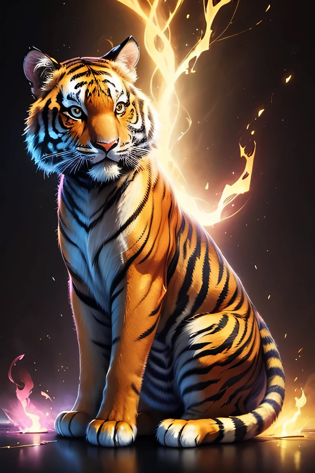Colorful tiger drawing on a black background,, Breathtaking Rendering, In a shining connection, Inspired by Kinuko Y. Crafting,, Magical Elements, Kitten Icon, oh, Is beautiful, Cast a variety of spells, bright flash, flash