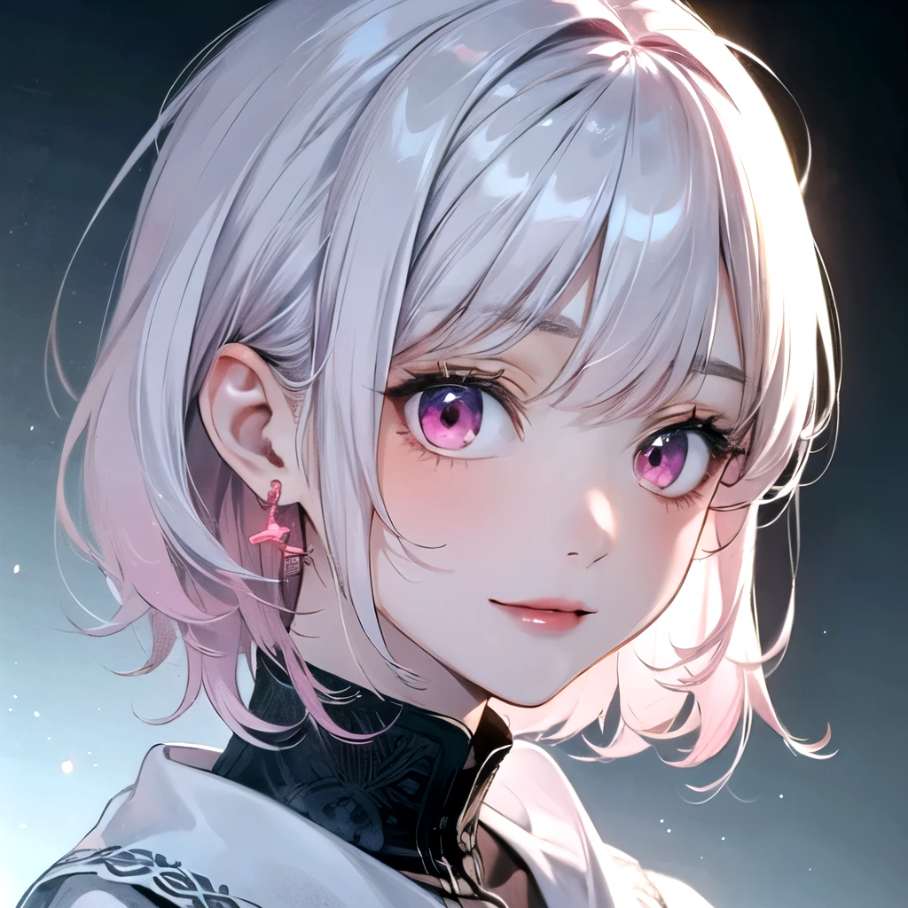 ((best quality)), ((masterpiece)), (detailed), perfect face. Asian girl. White hair. Pink eyes. Inner pink hair. Glowing eyes.