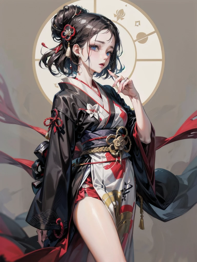 whole body, Anime character, aristocrat robe, kimono, haori, Taisho Era, Taisho Modern, absurdres, RAW photo, extremely delicate and beautiful, masterpiece, Best Quality, ultra high resolution, 32k, hyperrealistic, ultra-detailed, perfect figure, perfect shape, detailed description, pale skin, 20 years old, detailed beautiful face and eyes, tearful mole, earring, short medium hair, wavy hair,